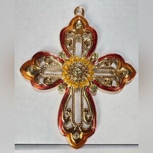 Beryl Rhinestones Gold Tone Ornate Reddish Orange Resin Enamel Cross